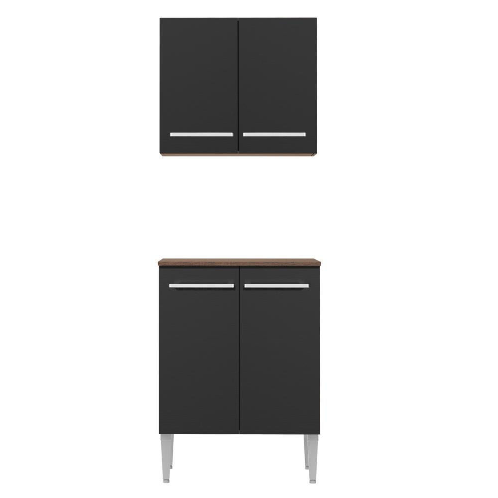 Kit Armário de Cozinha 4 Portas com Armário Aéreo e Balcão Rustic/Preto Emilly Madesa