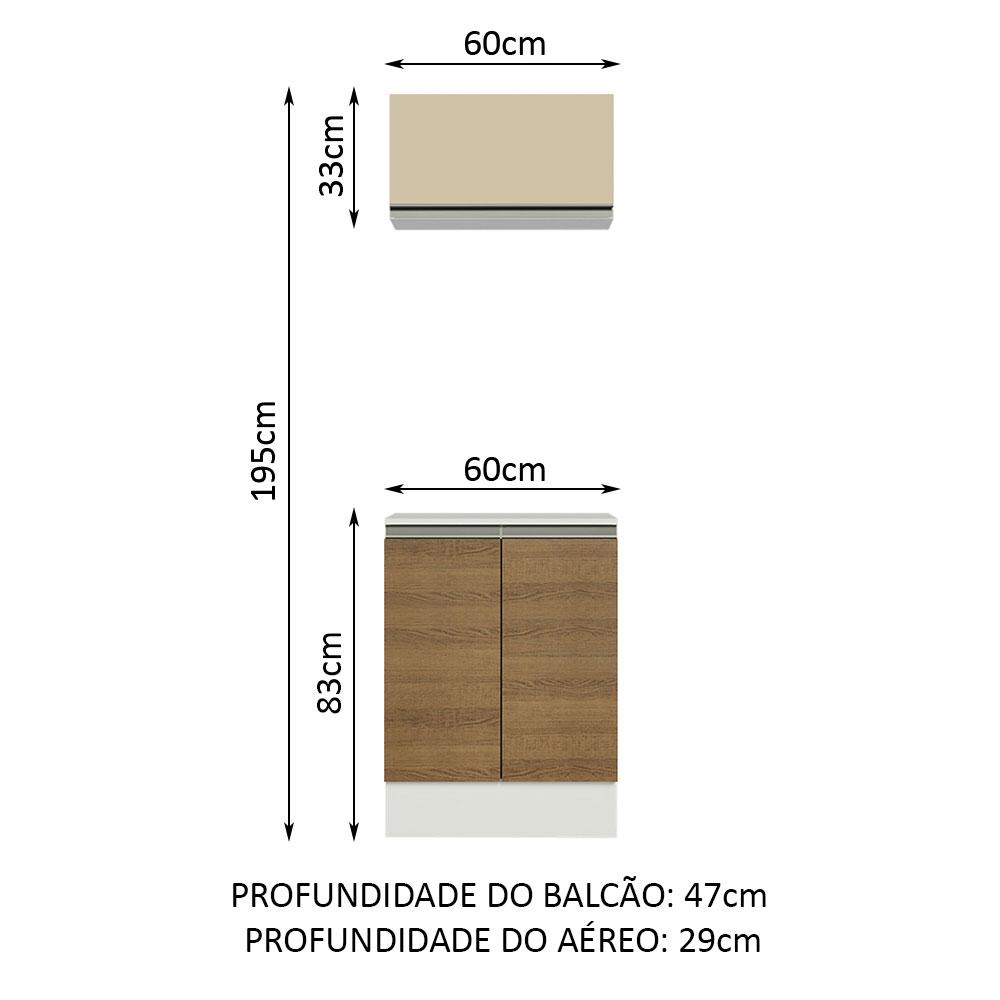 Kit Armário de Cozinha 60 cm 100% MDF 2 Portas e 1 Suspensa Com Tampo Branco/Rustic/Crema Smart Madesa