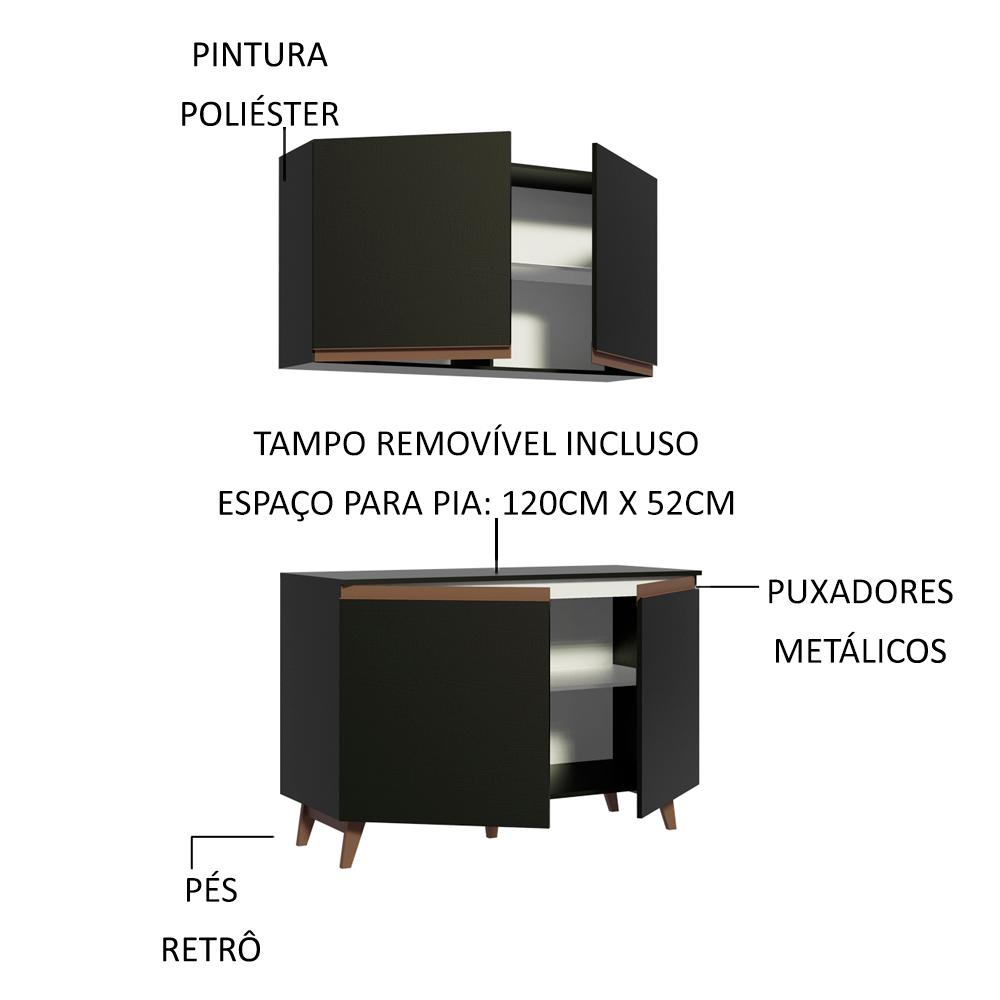 Kit Armário de Cozinha Aéreo e Balcão Gabinete de Pia 120 cm Preto Reims Madesa