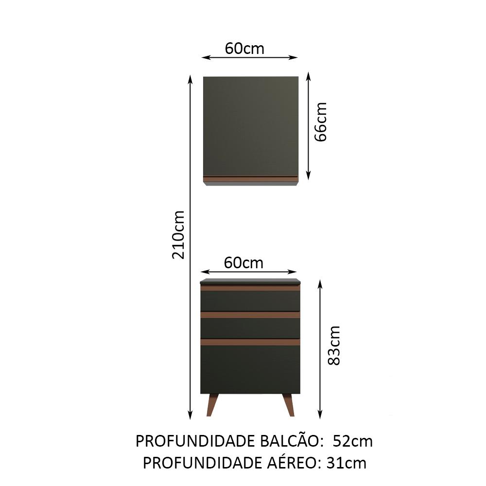 Kit Armário de Cozinha Aéreo e Balcão com 3 Gavetas 60 cm Preto Reims Madesa