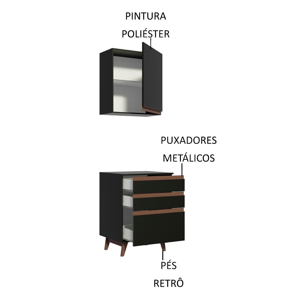 Kit Armário de Cozinha Aéreo e Balcão com 3 Gavetas 60 cm Preto Reims Madesa