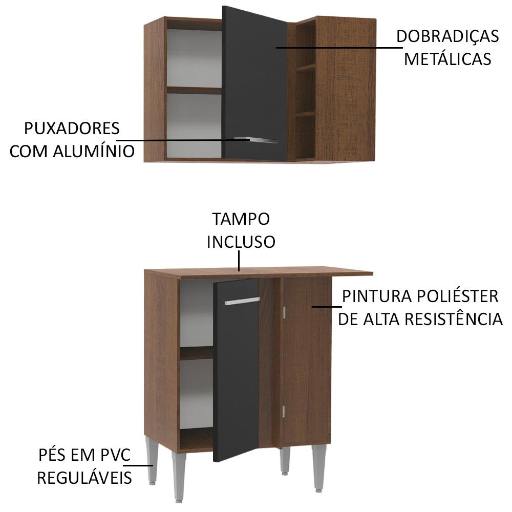 Kit Armário de Cozinha de Canto Reto 2 Portas com Armário Aéreo, Adega e Balcão Emilly Madesa