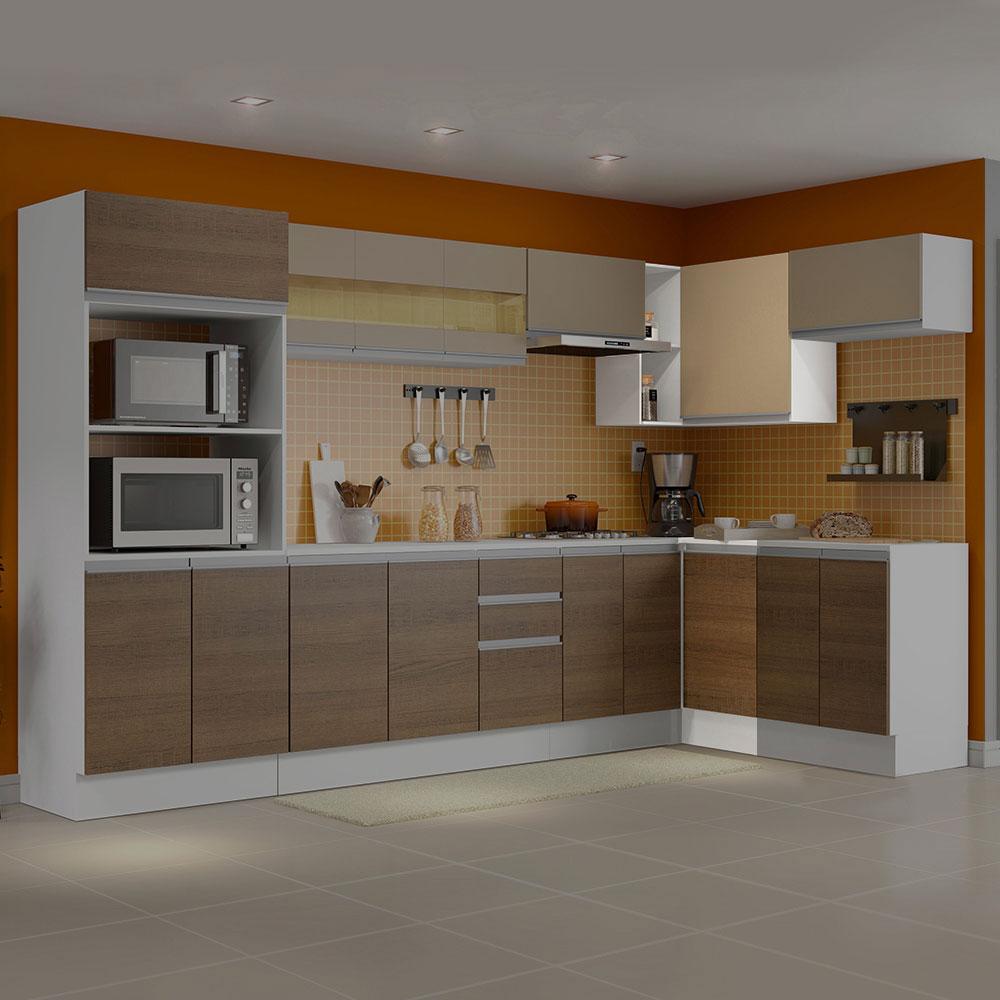 Kit Armário de Cozinha de Canto Reto 2 Portas e Nicho com Tampo 100% MDF Branco/Rustic/Crema Smart Madesa