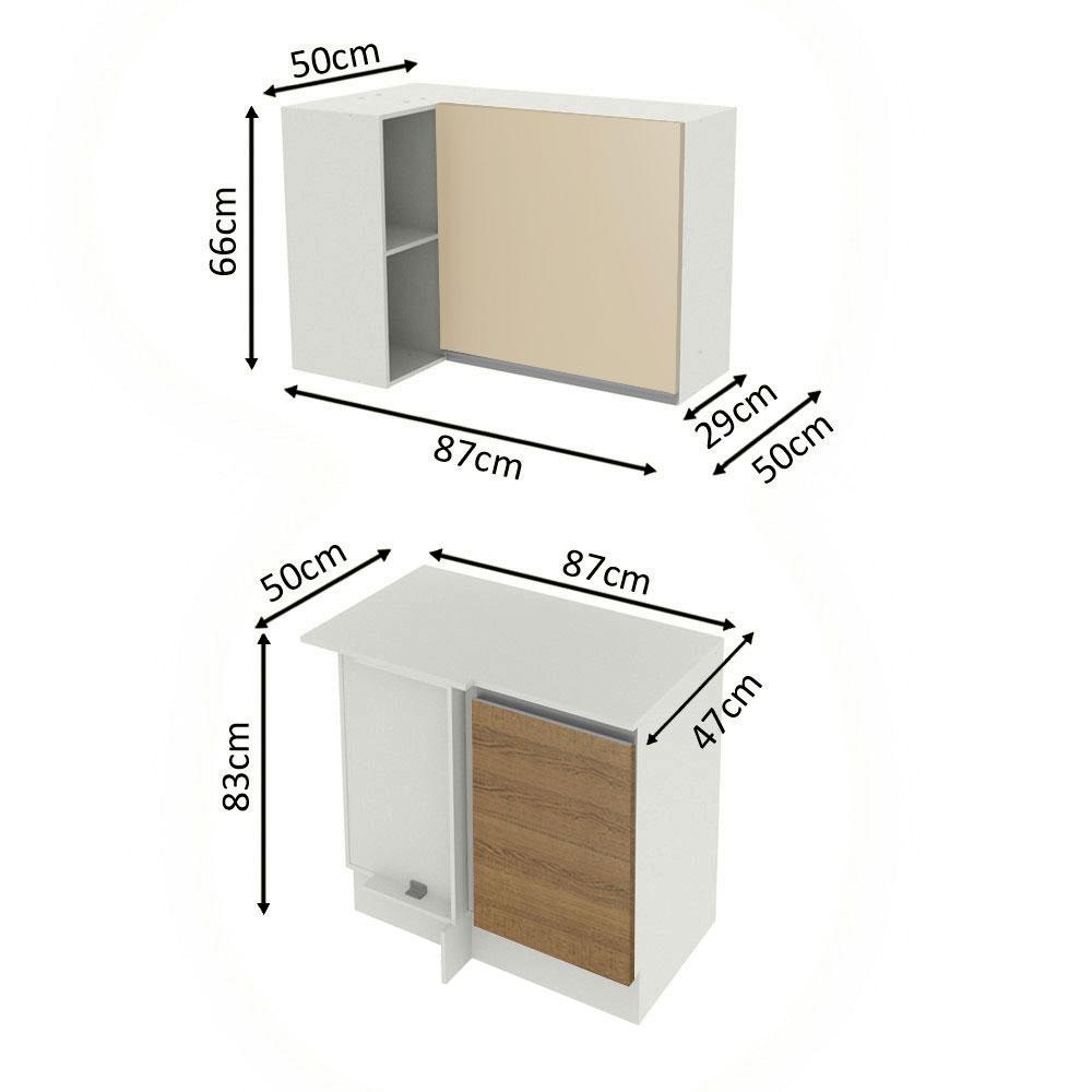Kit Armário de Cozinha de Canto Reto 2 Portas e Nicho com Tampo 100% MDF Branco/Rustic/Crema Smart Madesa