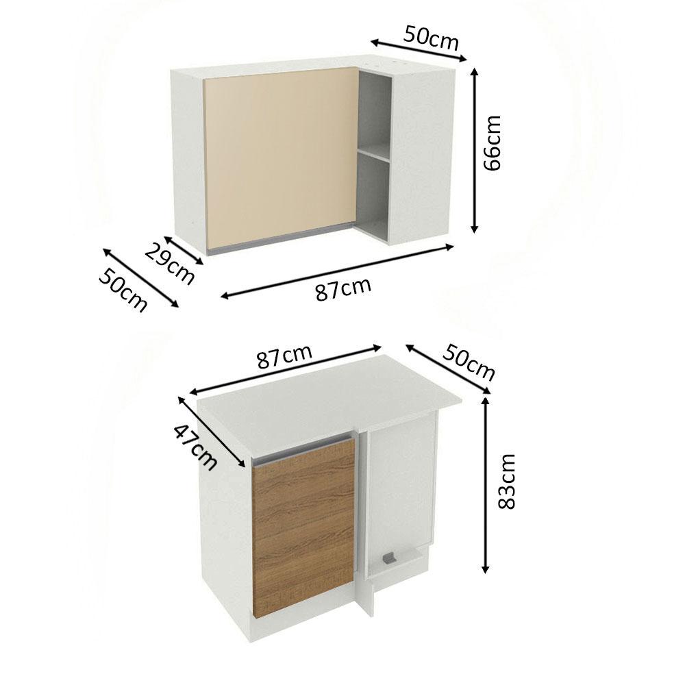 Kit Armário de Cozinha de Canto Reto 2 Portas e Nicho com Tampo 100% MDF Branco/Rustic/Crema Smart Madesa