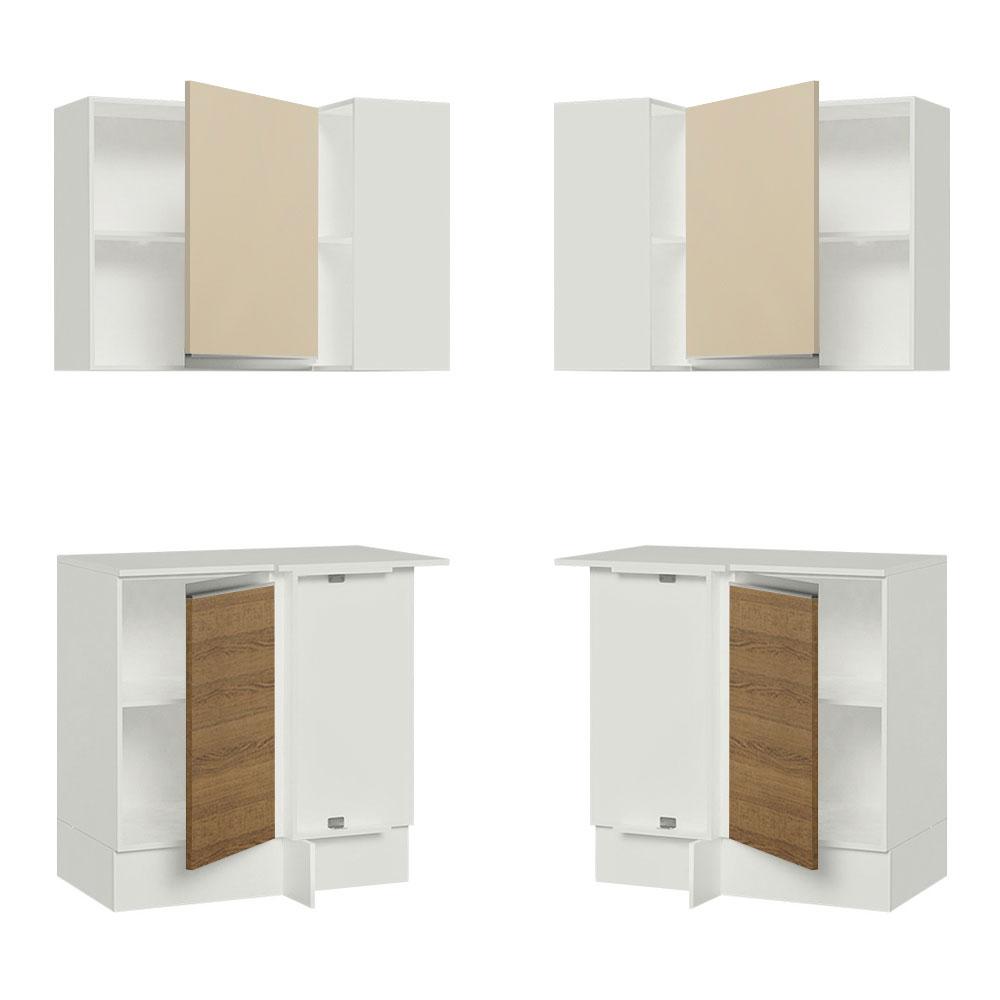 Kit Armário de Cozinha de Canto Reto 2 Portas e Nicho com Tampo 100% MDF Branco/Rustic/Crema Smart Madesa
