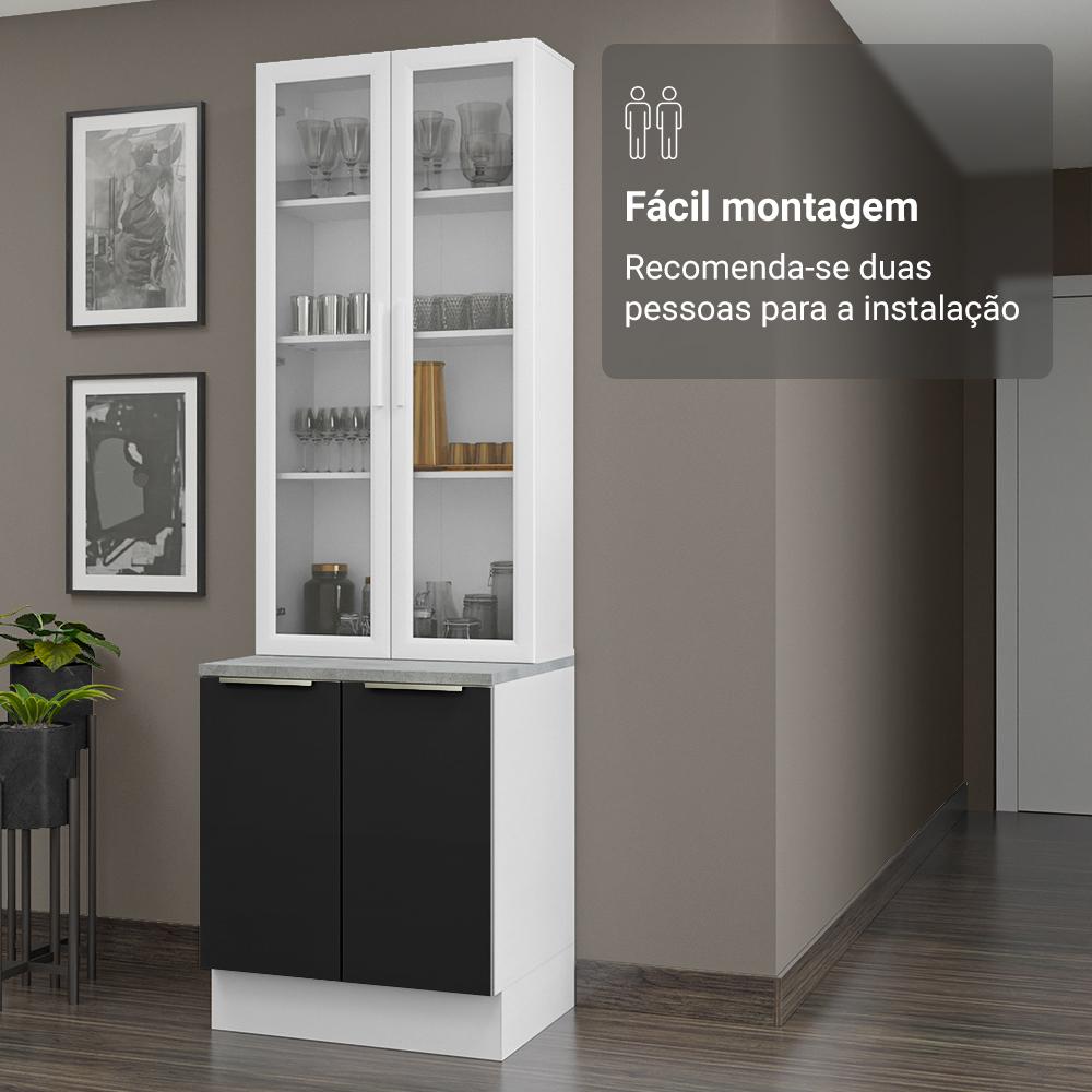 Kit Balcão + Cristaleira 70cm Branco/Preto Lux Madesa 01