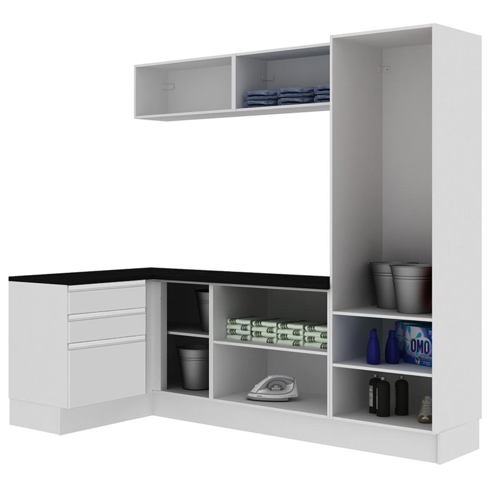 Kit Área De Serviço Madesa Acordes 100% MDF com Armário, Gaveteiro e Balcão de Canto - Portas Branco Brilho