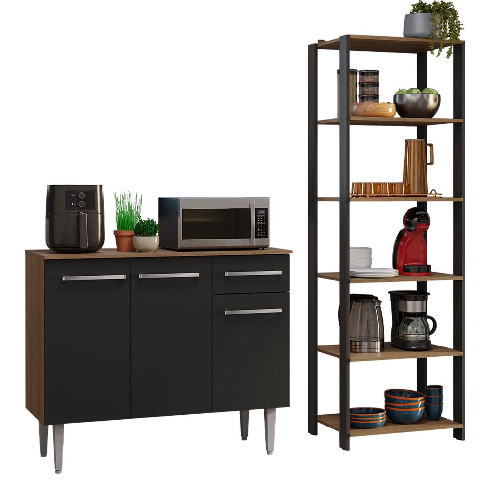 Kit Cozinha Balcão Gabinete 3 Portas 1 Gaveta e Armário Cozinha Despensa 5 Prateleiras Preto/Rustic