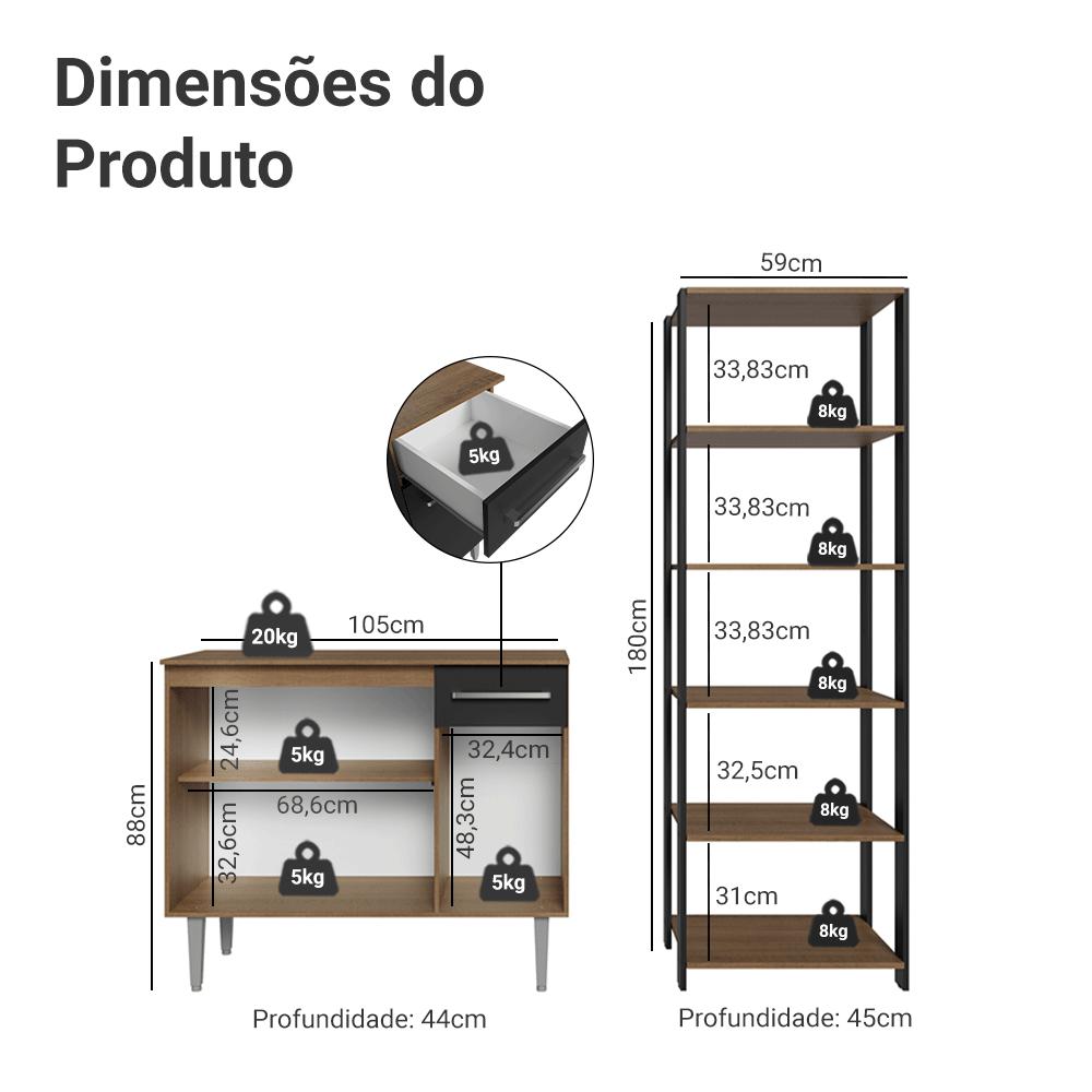 Kit Cozinha Balcão Gabinete 3 Portas 1 Gaveta e Armário Cozinha Despensa 5 Prateleiras Preto/Rustic