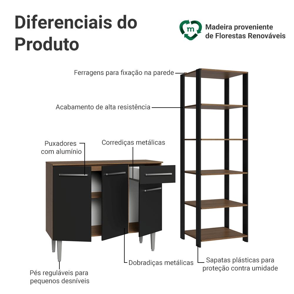 Kit Cozinha Balcão Gabinete 3 Portas 1 Gaveta e Armário Cozinha Despensa 5 Prateleiras Preto/Rustic