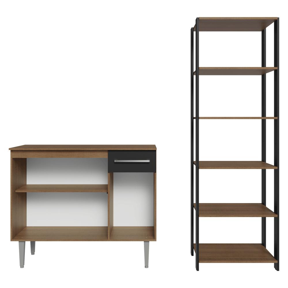 Kit Cozinha Balcão Gabinete 3 Portas 1 Gaveta e Armário Cozinha Despensa 5 Prateleiras Preto/Rustic