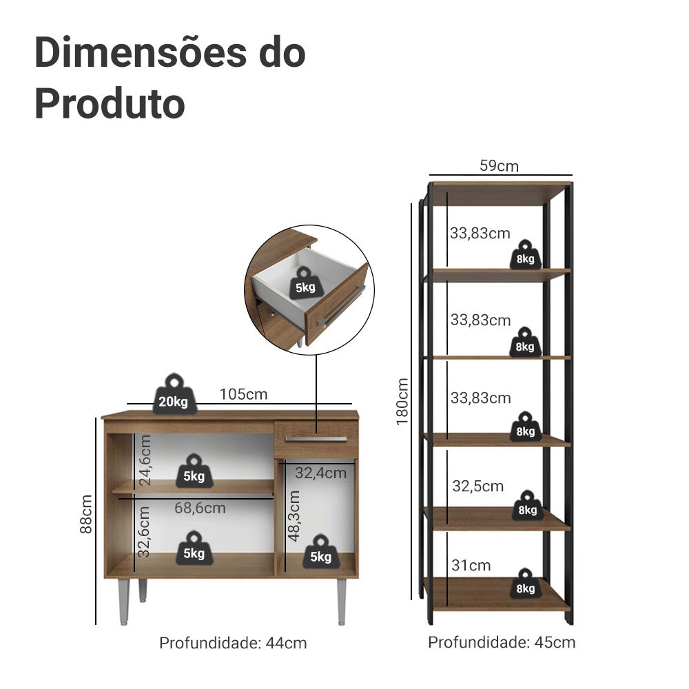 Kit Cozinha Balcão Gabinete 3 Portas 1 Gaveta e Armário Cozinha Despensa 5 Prateleiras Rustic/Preto