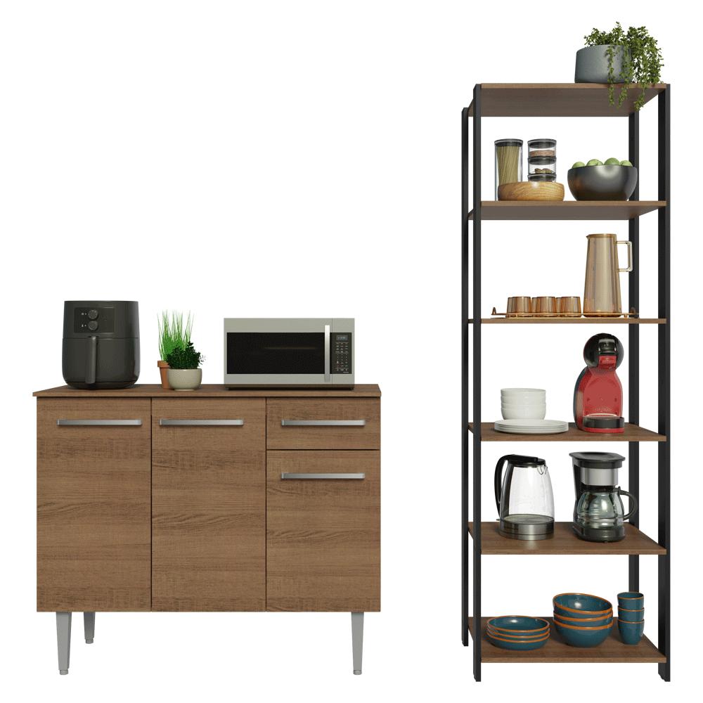 Kit Cozinha Balcão Gabinete 3 Portas 1 Gaveta e Armário Cozinha Despensa 5 Prateleiras Rustic/Preto