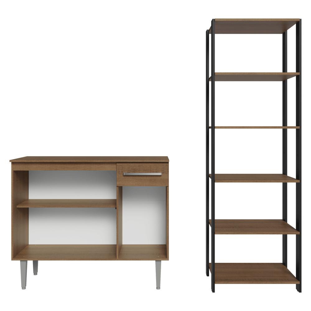 Kit Cozinha Balcão Gabinete 3 Portas 1 Gaveta e Armário Cozinha Despensa 5 Prateleiras Rustic/Preto