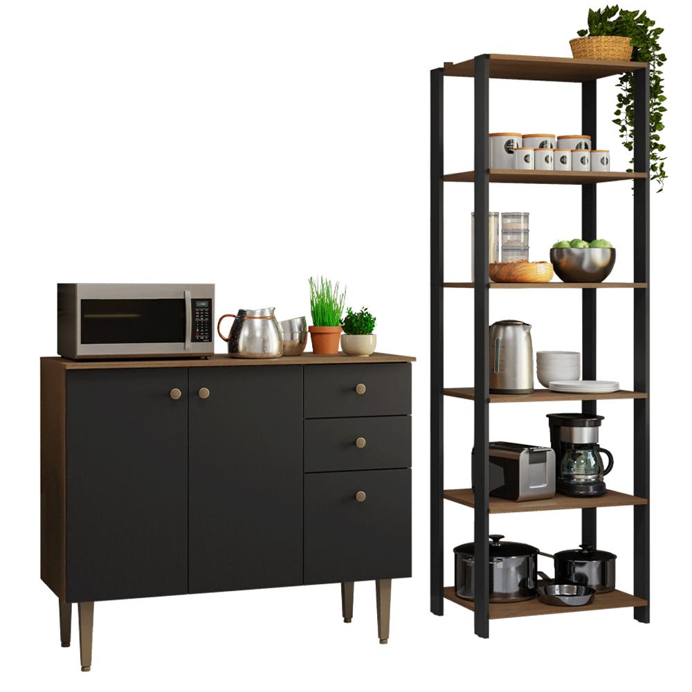 Kit Cozinha Balcão Gabinete 3 Portas 2 Gavetas e Armário Cozinha Despensa 5 Prateleiras Preto/Rustic