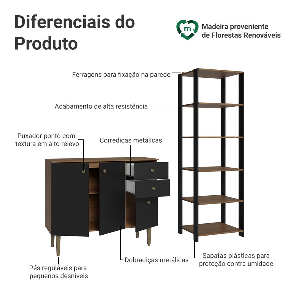 Kit Cozinha Balcão Gabinete 3 Portas 2 Gavetas e Armário Cozinha Despensa 5 Prateleiras Preto/Rustic
