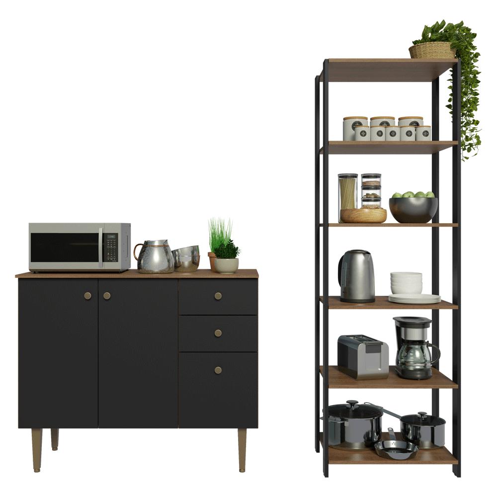 Kit Cozinha Balcão Gabinete 3 Portas 2 Gavetas e Armário Cozinha Despensa 5 Prateleiras Preto/Rustic