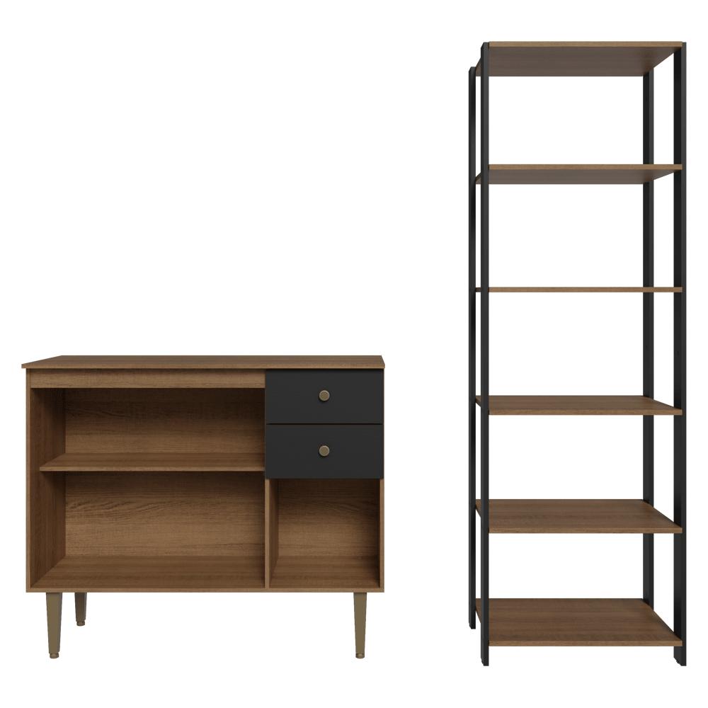 Kit Cozinha Balcão Gabinete 3 Portas 2 Gavetas e Armário Cozinha Despensa 5 Prateleiras Preto/Rustic