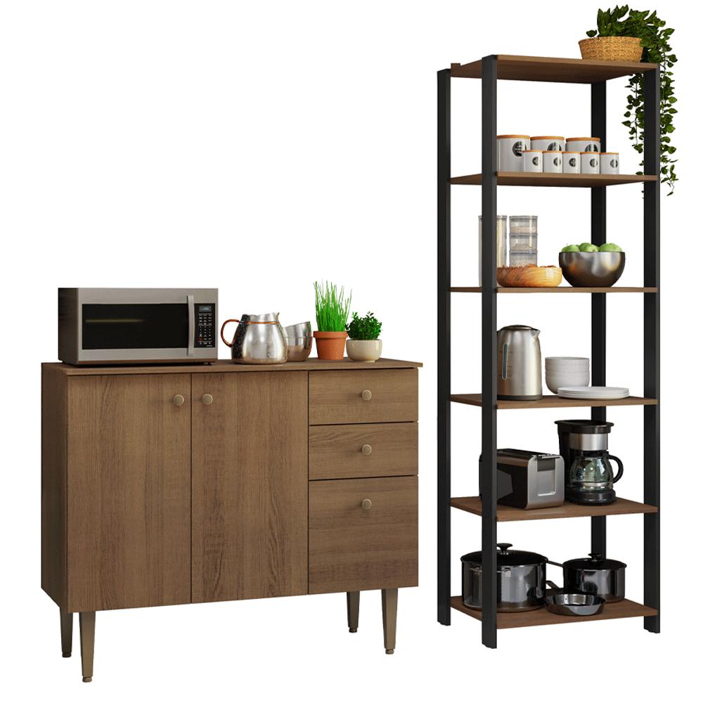 Kit Cozinha Balcão Gabinete 3 Portas 2 Gavetas e Armário Cozinha Despensa 5 Prateleiras Rustic/Preto