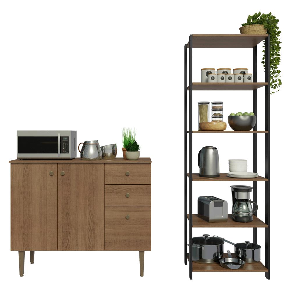 Kit Cozinha Balcão Gabinete 3 Portas 2 Gavetas e Armário Cozinha Despensa 5 Prateleiras Rustic/Preto