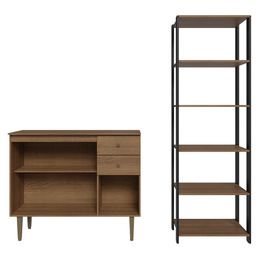 Kit Cozinha Balcão Gabinete 3 Portas 2 Gavetas e Armário Cozinha Despensa 5 Prateleiras Rustic/Preto