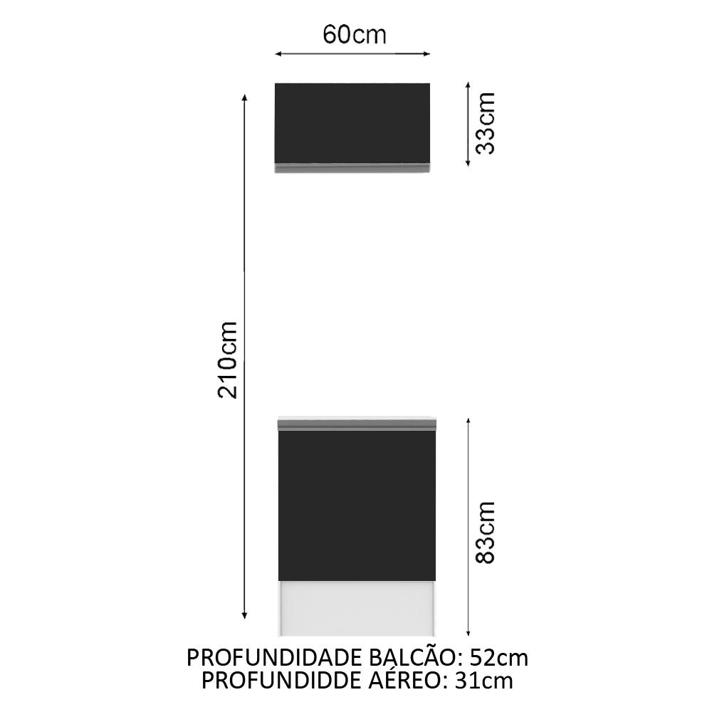 Kit Madesa Topazio 60 cm 2 Portas com Armário Aéreo e Balcão - Branco/Preto
