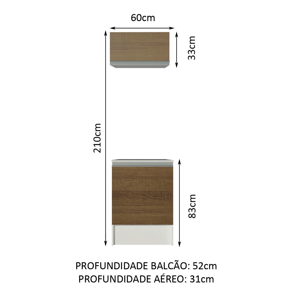Kit Madesa Topazio 60 cm 2 Portas com Armário Aéreo e Balcão - Branco/Rustic