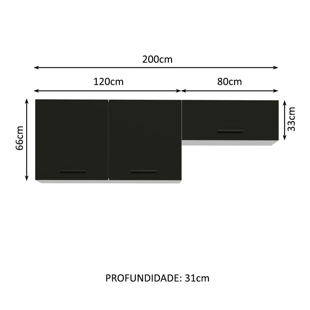 Kit com 2 Armários Aéreos Multiuso 3 Portas Branco/Preto Agata Madesa
