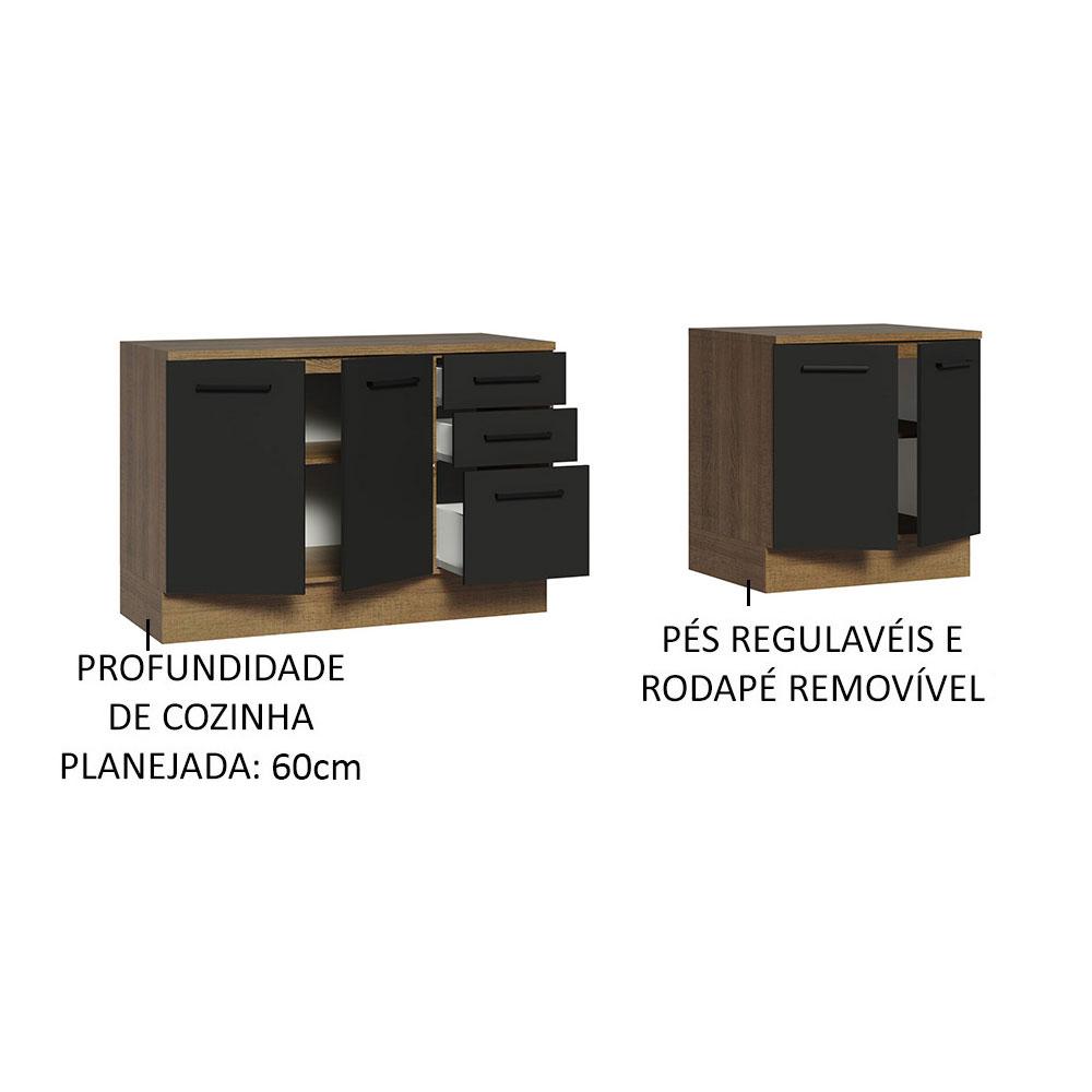 Kit com 2 Balcões Multiuso 4 Portas 3 Gavetas Rustic/Preto Agata Madesa