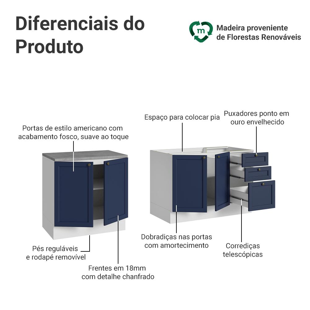 Kit com 2 Balcões de Cozinha 3 Gavetas 4 Portas (Sem Tampo e Pia) Branco/Azul Vik Madesa 01
