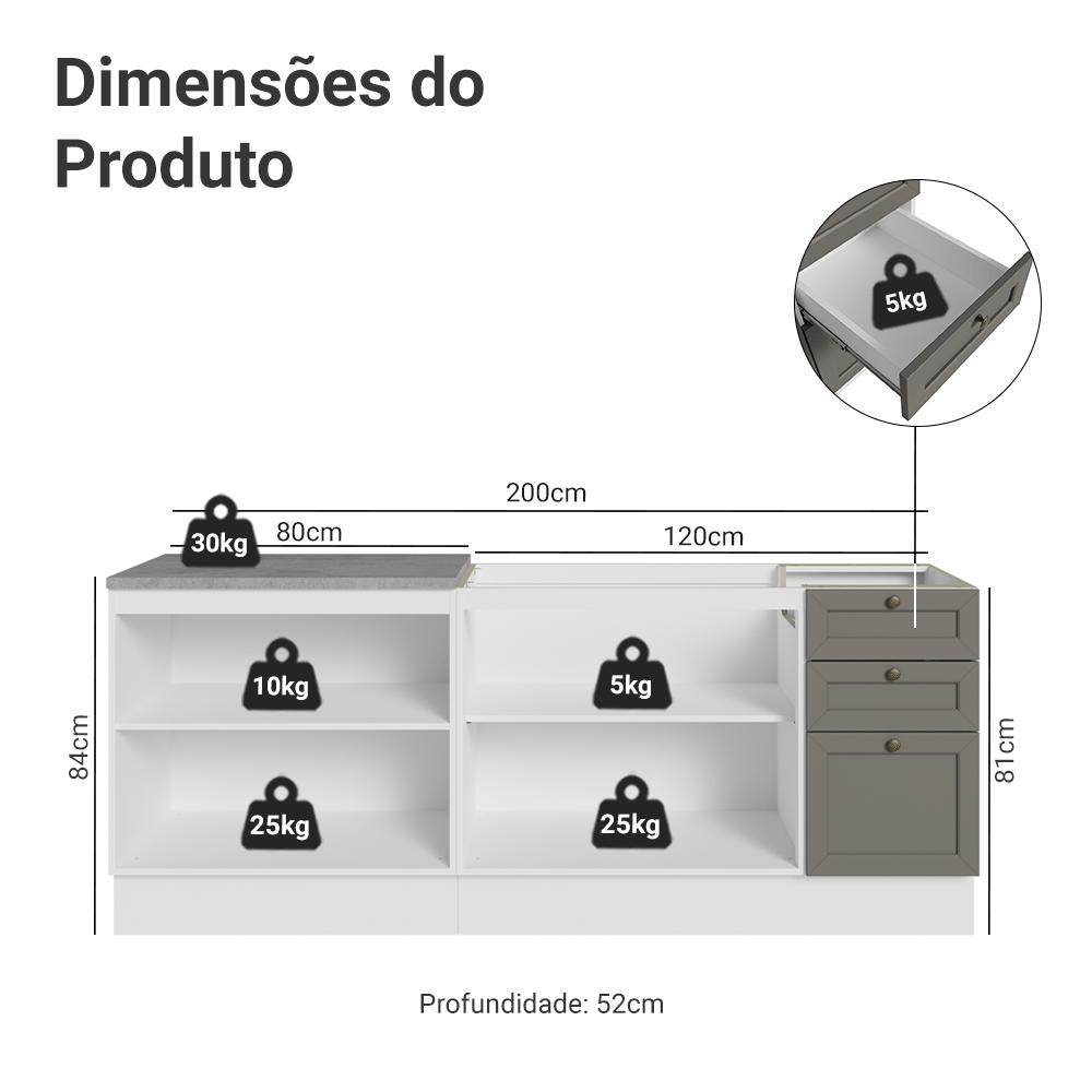 Kit com 2 Balcões de Cozinha 3 Gavetas 4 Portas (Sem Tampo e Pia) Branco/Cinza Vik Madesa 01