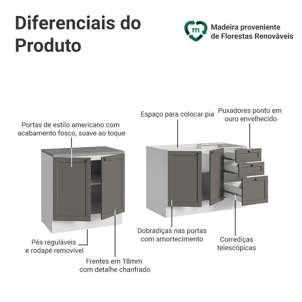 Kit com 2 Balcões de Cozinha 3 Gavetas 4 Portas (Sem Tampo e Pia) Branco/Cinza Vik Madesa 01
