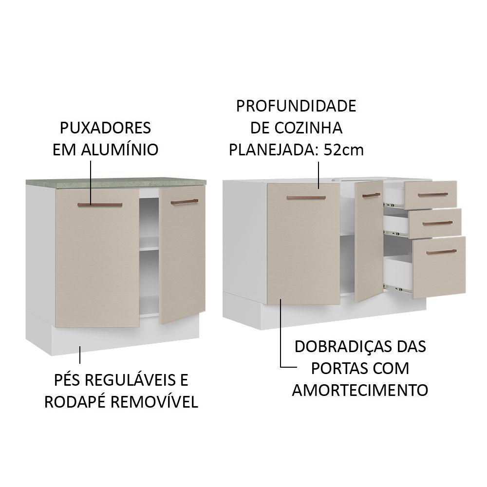 Kit com 2 Balcões de Cozinha 3 Gavetas 4 Portas (Sem Tampo e Pia) Branco/Crema Agata Madesa