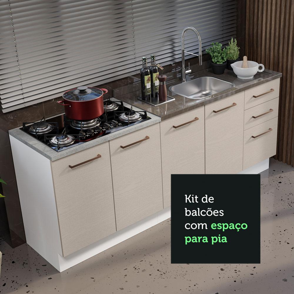 Kit com 2 Balcões de Cozinha 3 Gavetas 4 Portas (Sem Tampo e Pia) Branco/Crema Agata Madesa