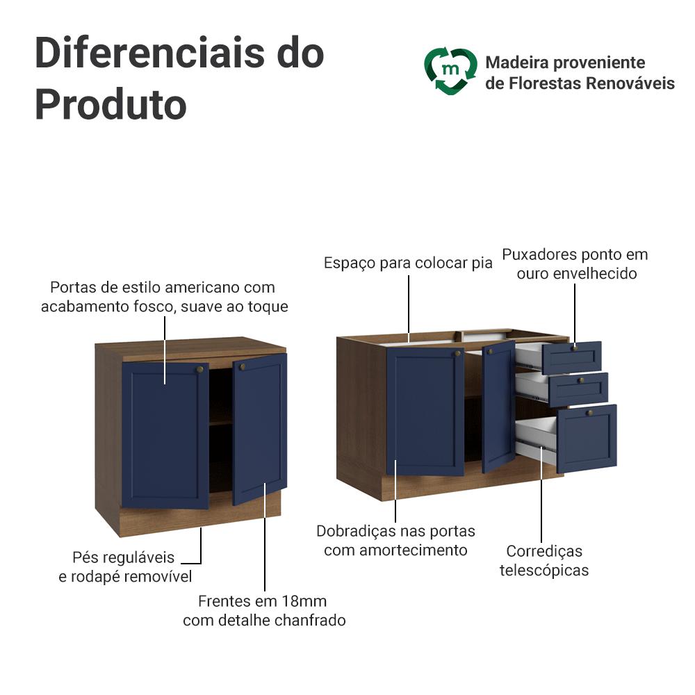 Kit com 2 Balcões de Cozinha 3 Gavetas 4 Portas (Sem Tampo e Pia) Rustic/Azul Vik Madesa 01