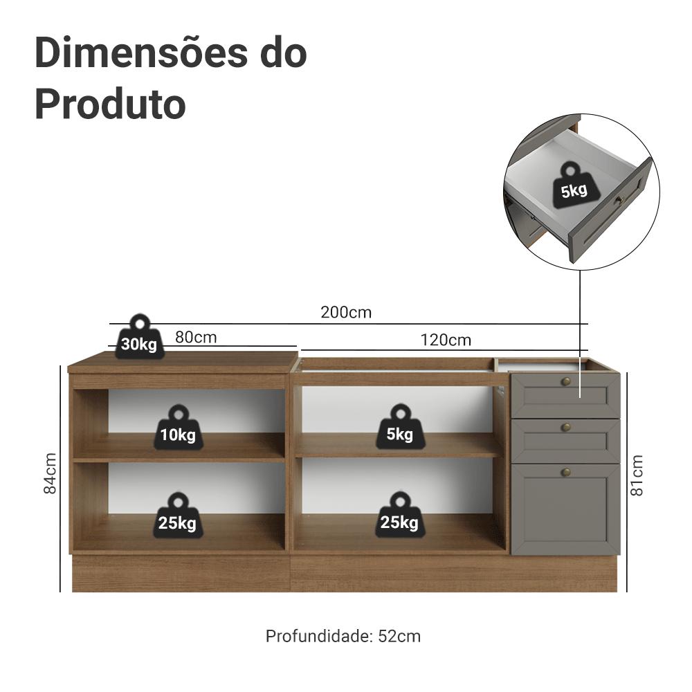 Kit com 2 Balcões de Cozinha 3 Gavetas 4 Portas (Sem Tampo e Pia) Rustic/Cinza Vik Madesa 01