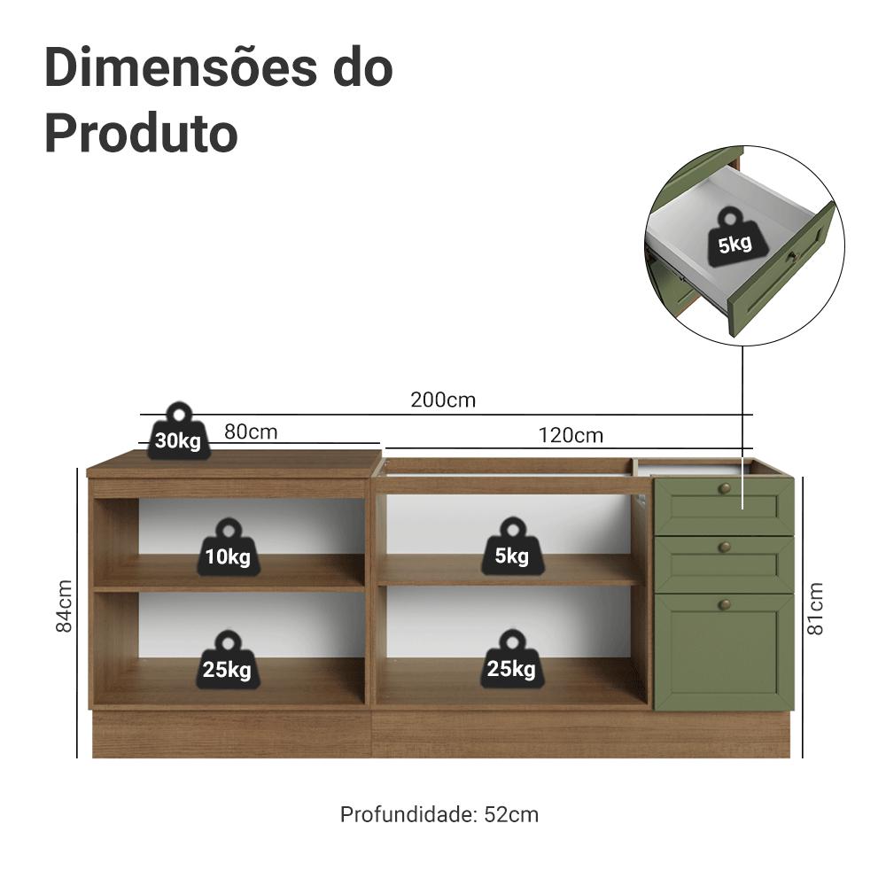 Kit com 2 Balcões de Cozinha 3 Gavetas 4 Portas (Sem Tampo e Pia) Rustic/Verde Vik Madesa 01