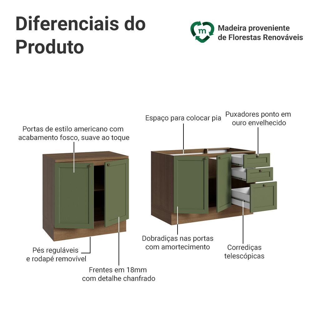 Kit com 2 Balcões de Cozinha 3 Gavetas 4 Portas (Sem Tampo e Pia) Rustic/Verde Vik Madesa 01