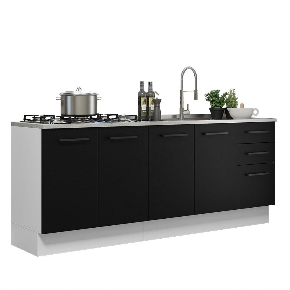Kit com 2 Balcões de Cozinha Madesa Agata 3 Gavetas 4 Portas (Sem Tampo e Pia) - Branco/Preto