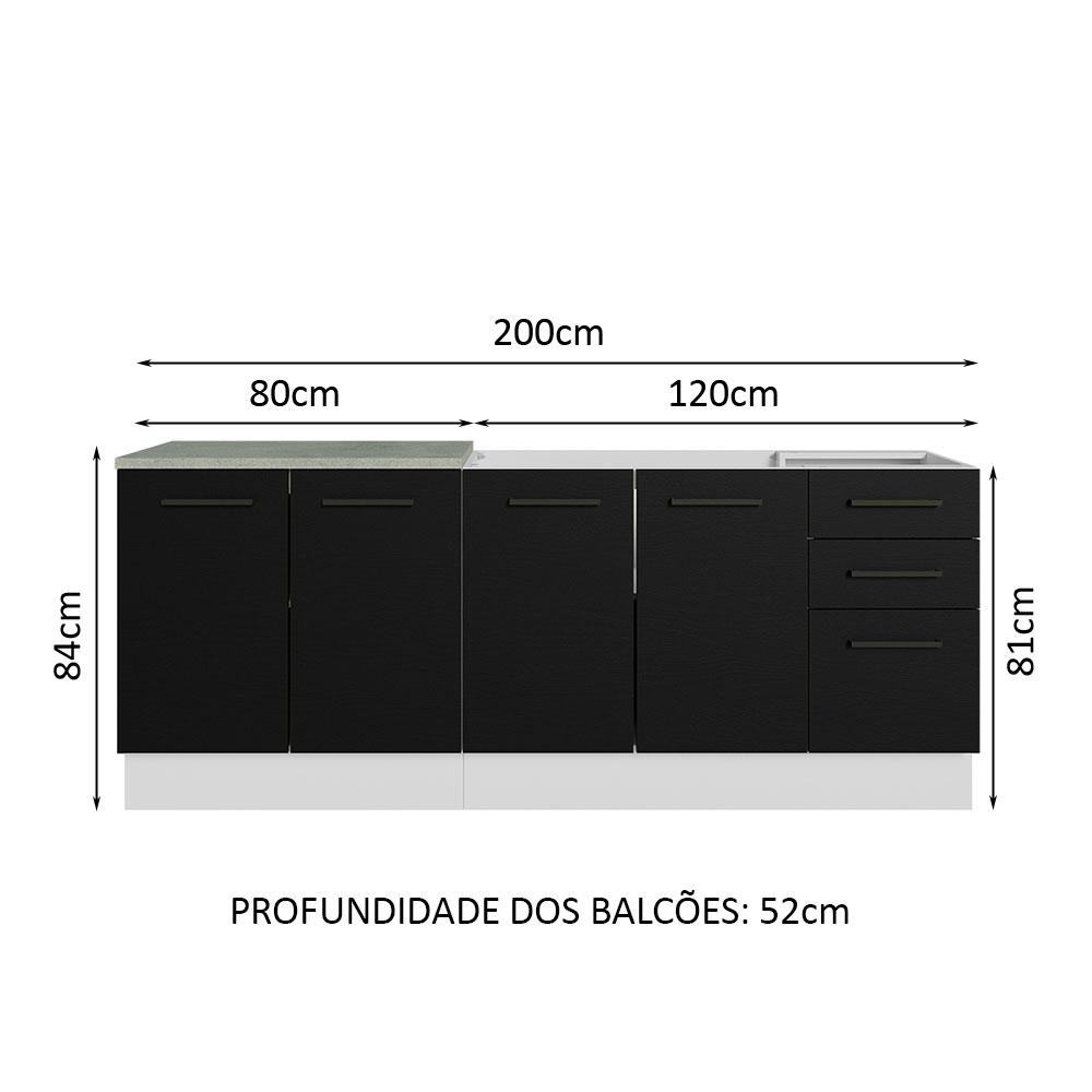 Kit com 2 Balcões de Cozinha Madesa Agata 3 Gavetas 4 Portas (Sem Tampo e Pia) - Branco/Preto