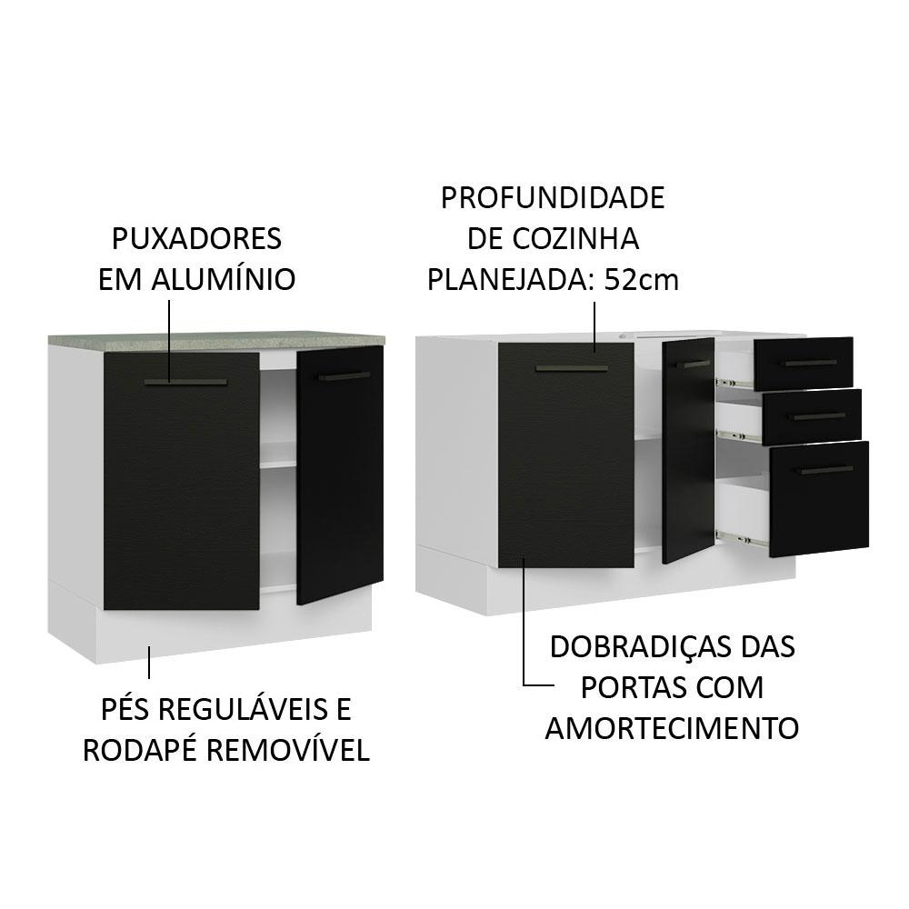 Kit com 2 Balcões de Cozinha Madesa Agata 3 Gavetas 4 Portas (Sem Tampo e Pia) - Branco/Preto
