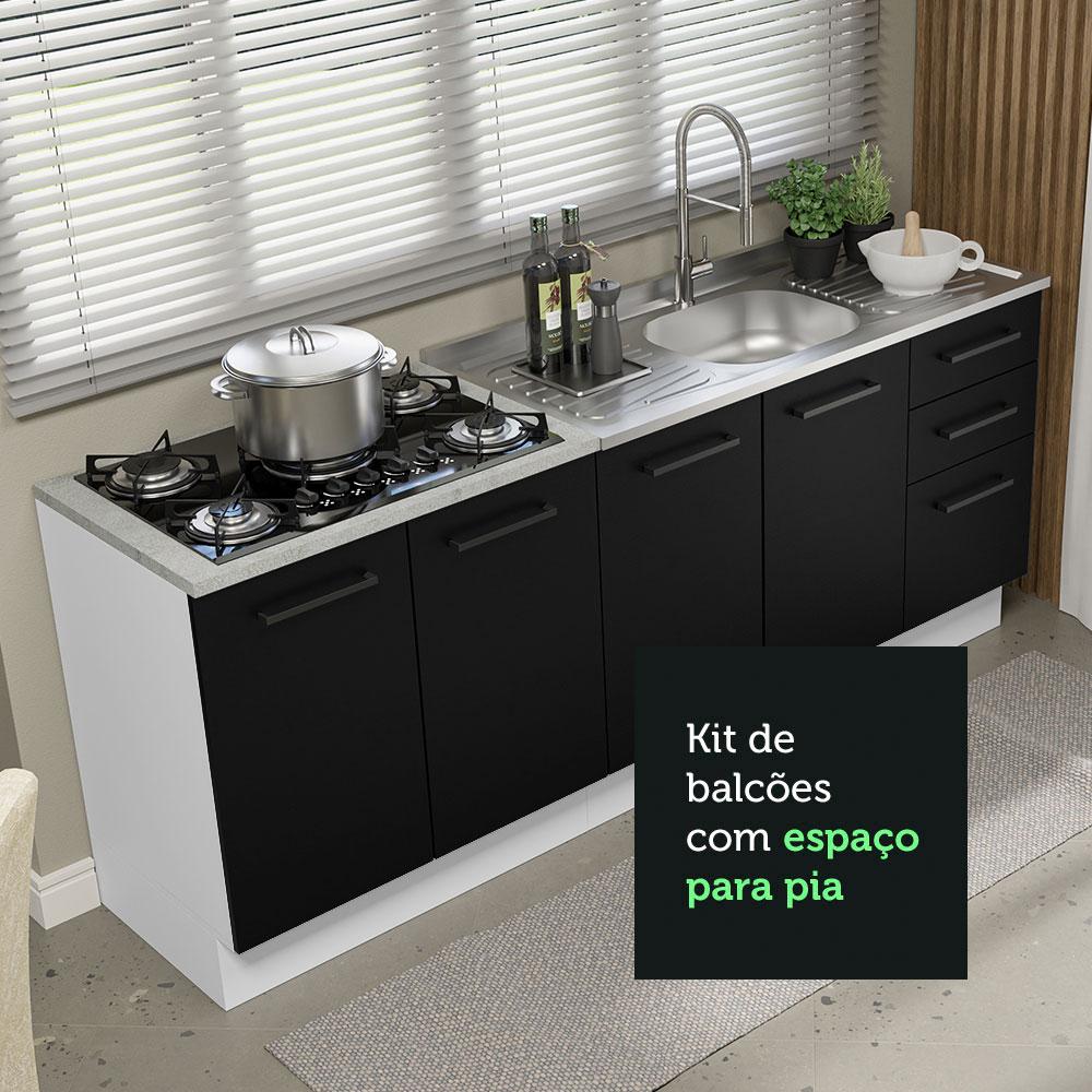 Kit com 2 Balcões de Cozinha Madesa Agata 3 Gavetas 4 Portas (Sem Tampo e Pia) - Branco/Preto