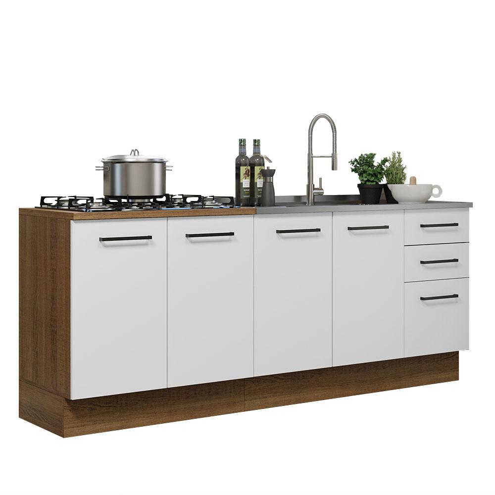 Kit com 2 Balcões de Cozinha Madesa Agata 3 Gavetas 4 Portas (Sem Tampo e Pia) - Rustic/Branco