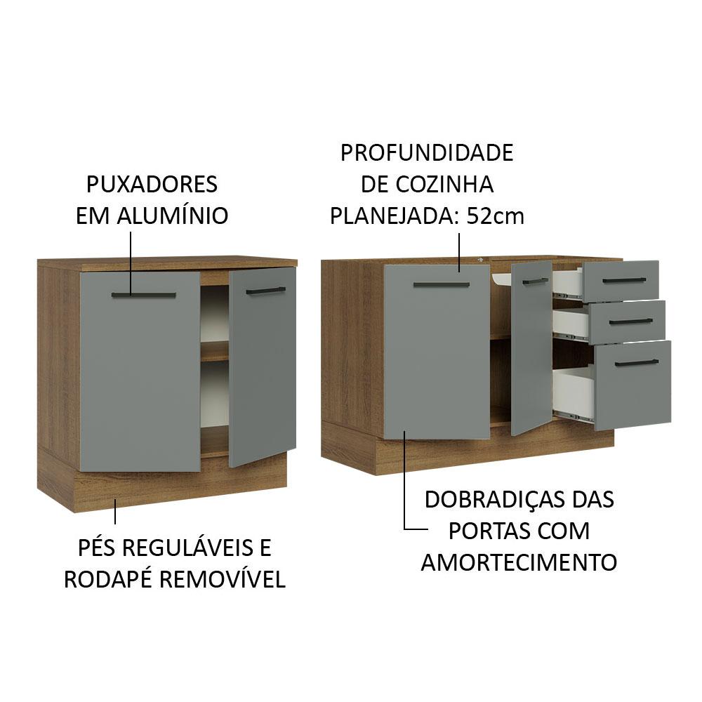 Kit com 2 Balcões de Cozinha Madesa Agata 3 Gavetas 4 Portas (Sem Tampo e Pia) - Rustic/Cinza