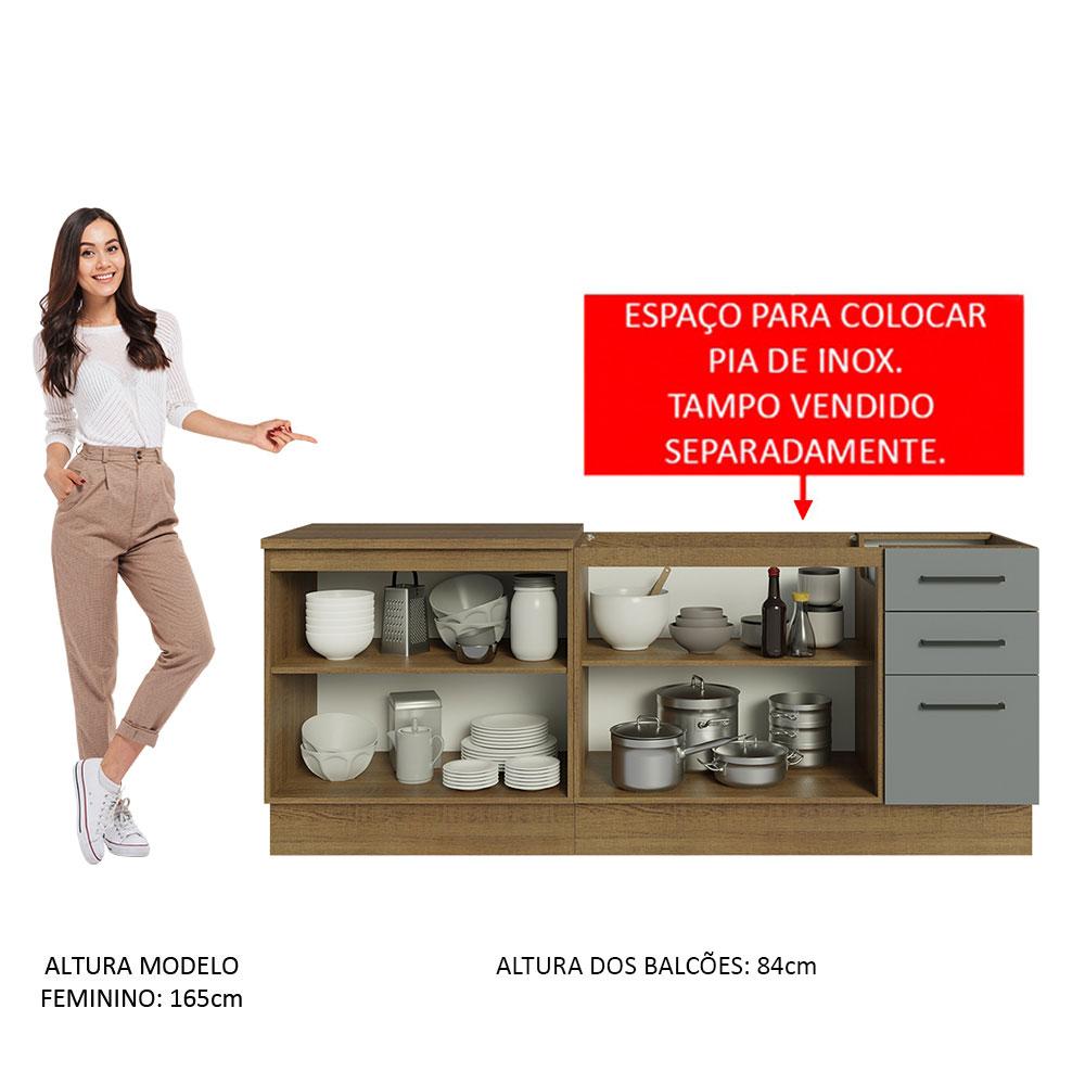 Kit com 2 Balcões de Cozinha Madesa Agata 3 Gavetas 4 Portas (Sem Tampo e Pia) - Rustic/Cinza