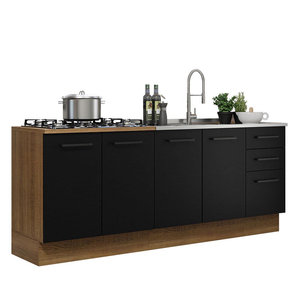 Kit com 2 Balcões de Cozinha Madesa Agata 3 Gavetas 4 Portas (Sem Tampo e Pia) - Rustic/Preto