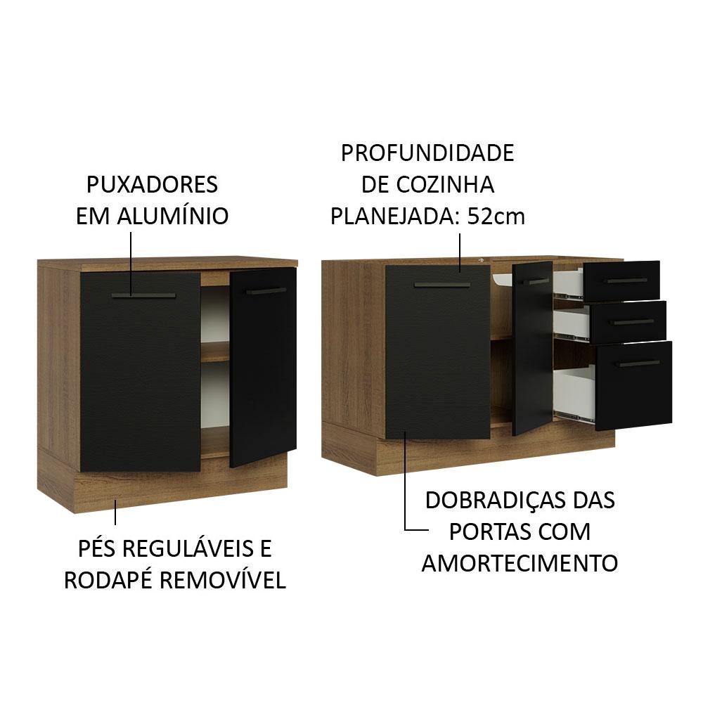 Kit com 2 Balcões de Cozinha Madesa Agata 3 Gavetas 4 Portas (Sem Tampo e Pia) - Rustic/Preto