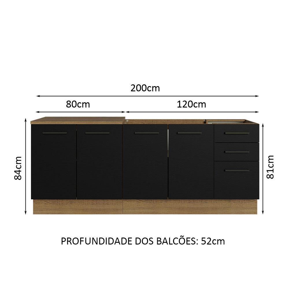 Kit com 2 Balcões de Cozinha Madesa Agata 3 Gavetas 4 Portas (Sem Tampo e Pia) - Rustic/Preto