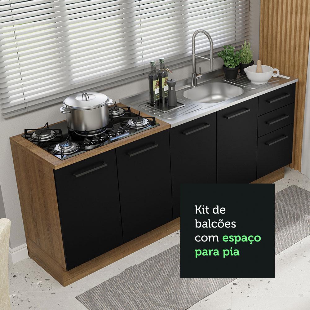 Kit com 2 Balcões de Cozinha Madesa Agata 3 Gavetas 4 Portas (Sem Tampo e Pia) - Rustic/Preto